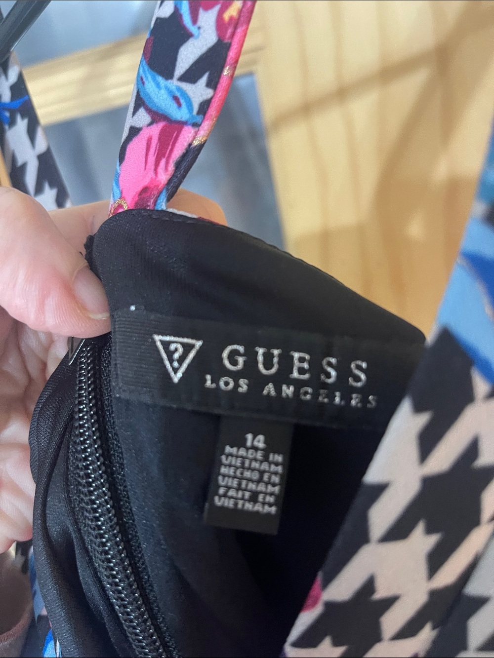 206. Guess Black Houndstooth Midi Dress with Pink & Blue Floral Print - Picture 4 of 11
